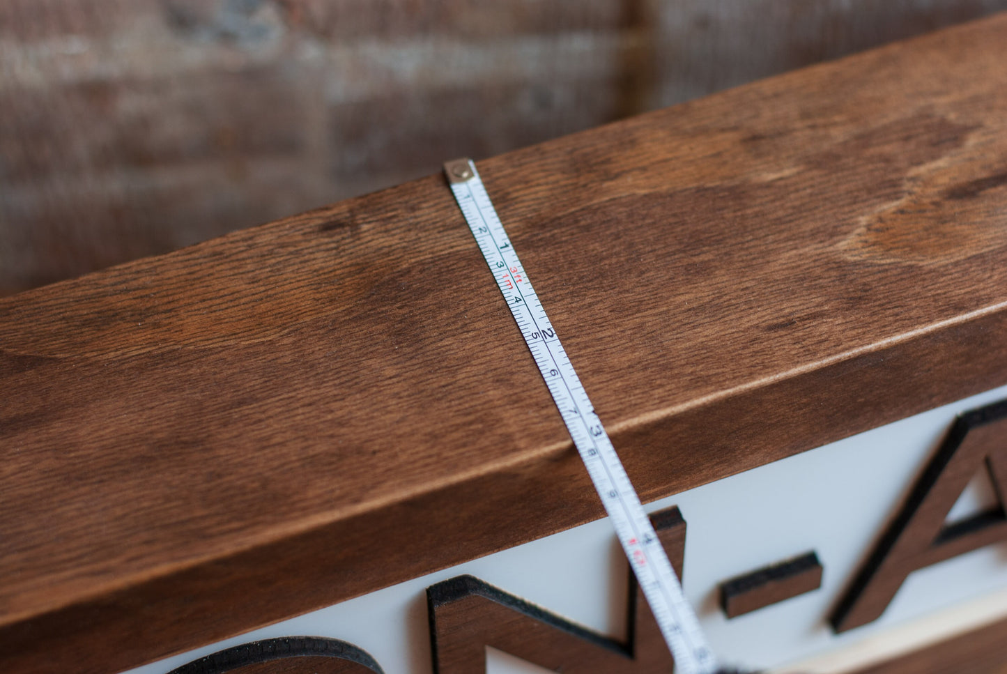top view a wooden LED lightbox sign showing measurement of size