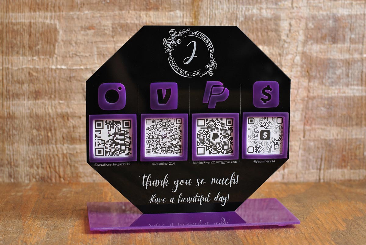 black and purple custom QR code Venmo pay sign for small business on wood table