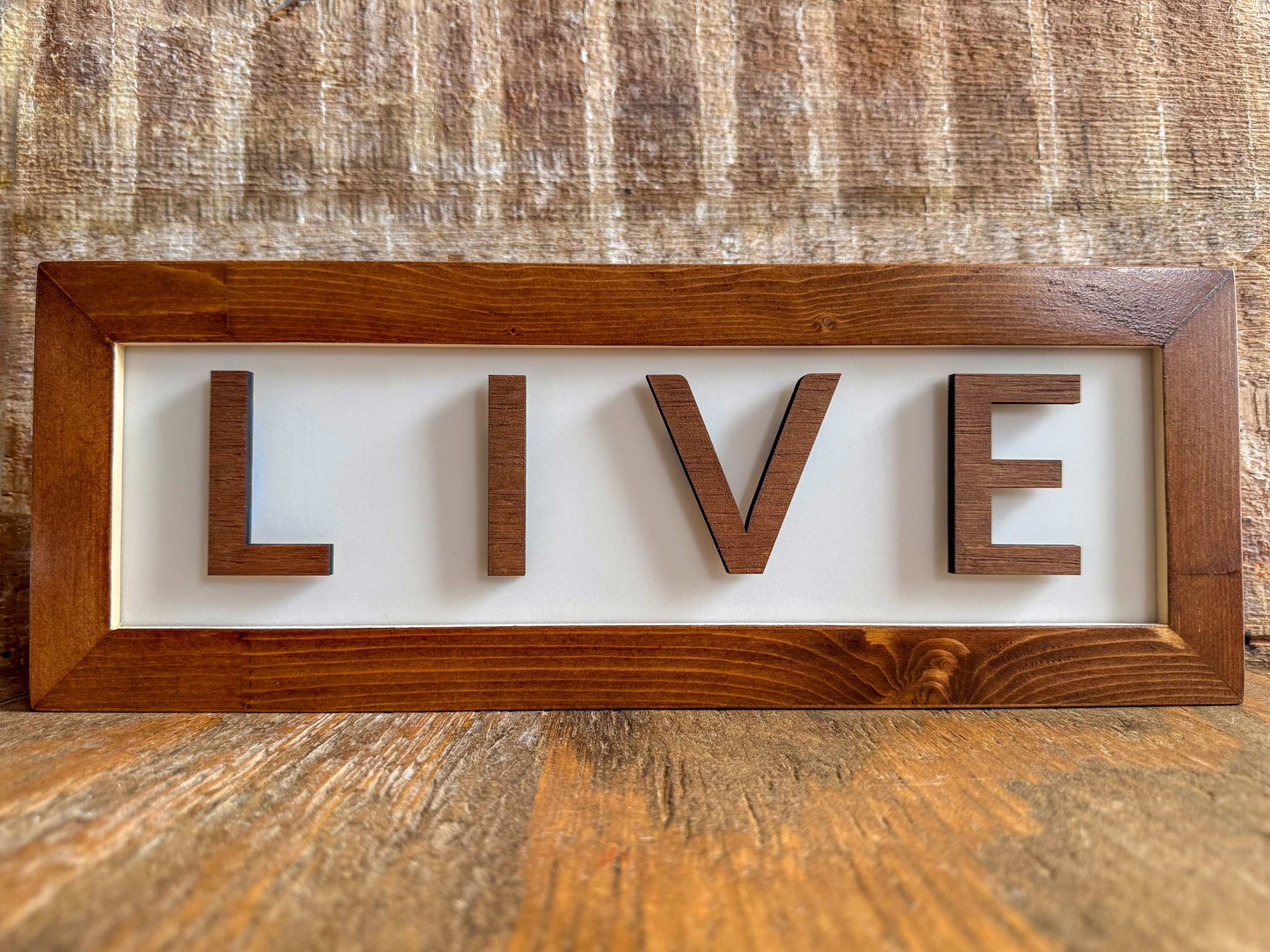 chestnut brown LIVE LED Lightbox studio sign on wooden desk in recording studio
