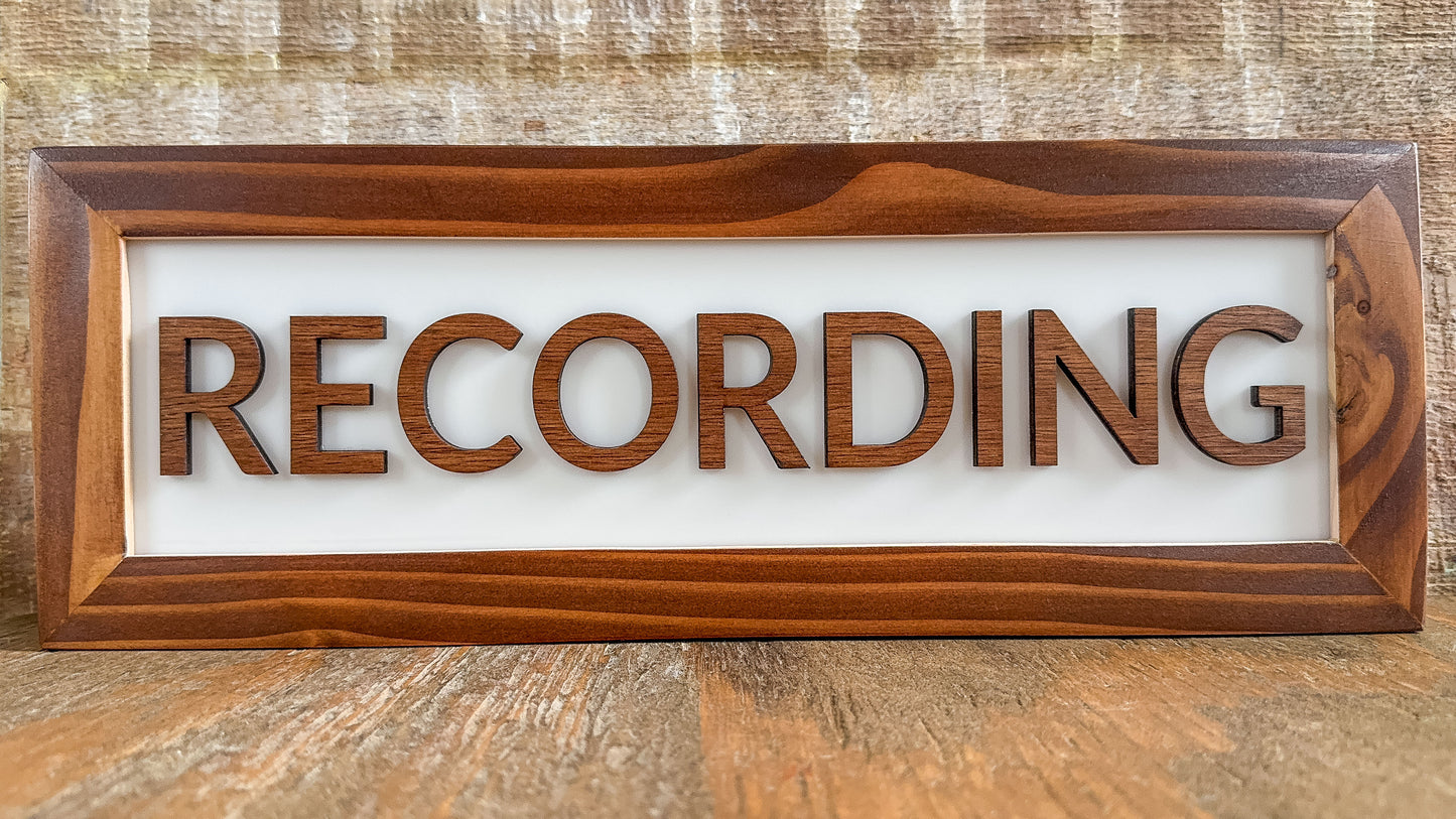 brown recording studio light up sign for Podcasts, Streamers, Recording Studio or Home Decor - Reclaimed Wood - desk sign close up