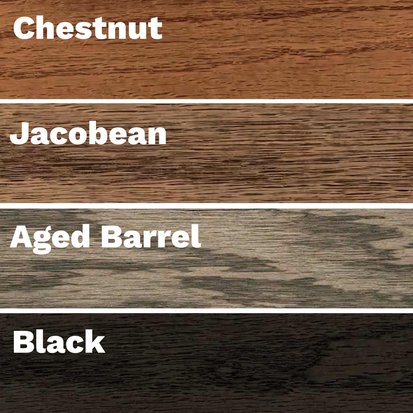 ReelFinds Workshop wood stain color options including chestnut, jacobean, aged barrel, and black