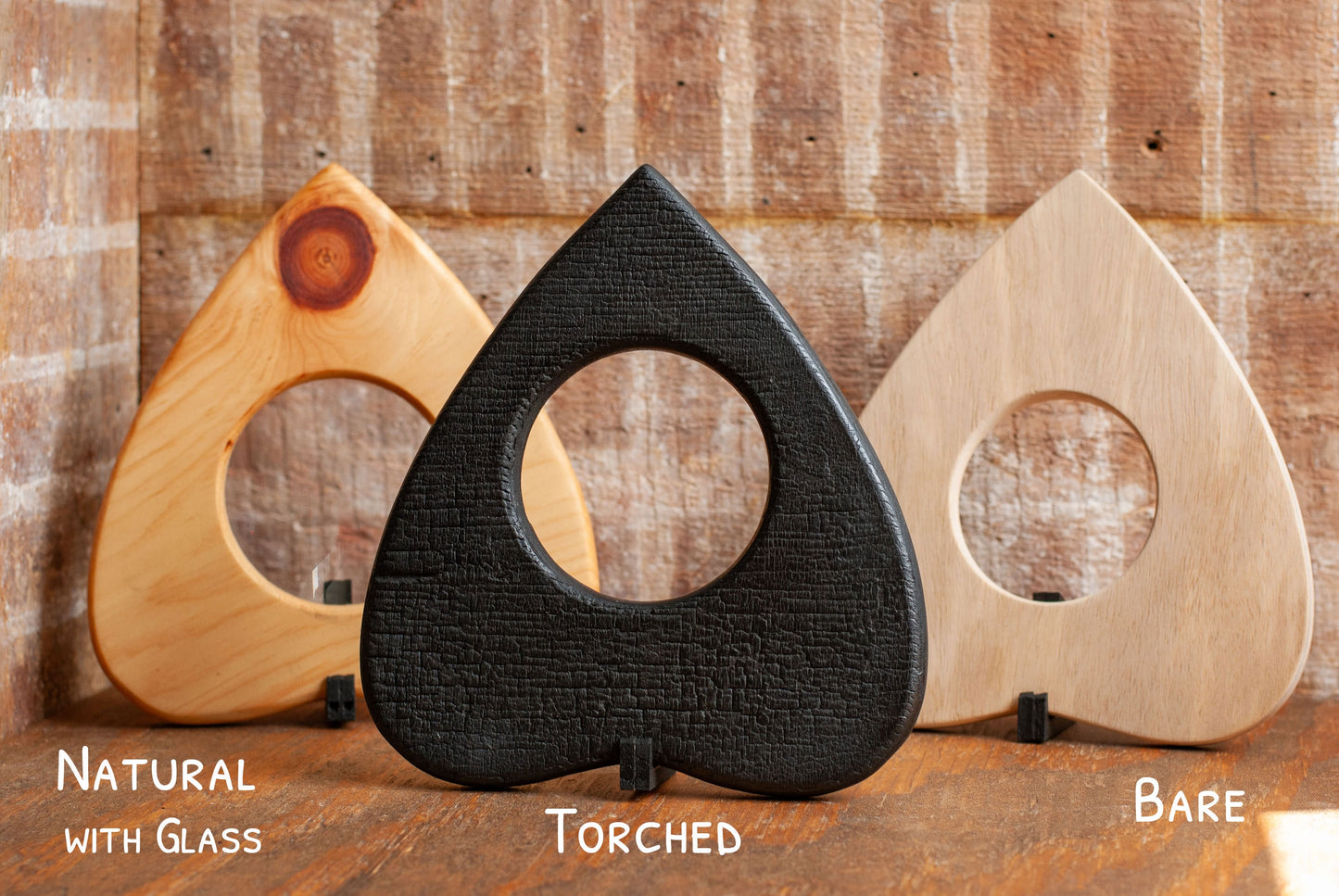 Front view of Wooden Planchettes | Ouija Planchette Wall Decor with Mirror, Glass Looking Lens, or DIY Planchette with Stand | Gothic Wall Art | Unique Horror Decor | Spooky Gifts