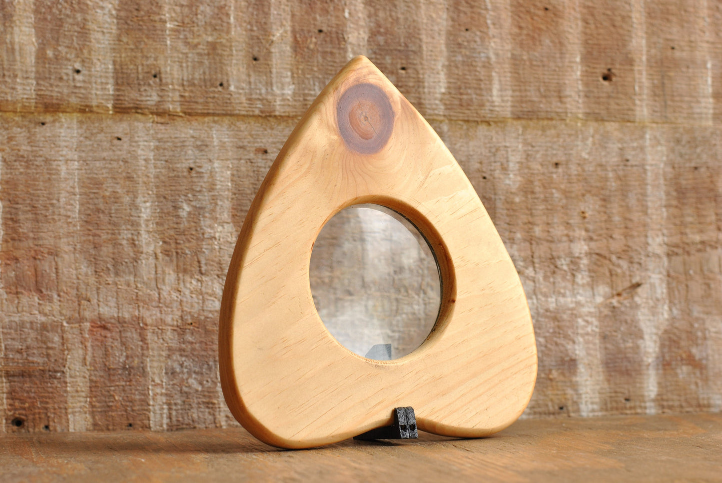 Front view of Wooden Planchette with Real Glass Looking Lens| Ouija Planchette Wall Decor or Halloween Prop with Stand | Gothic Wall Art | Unique Horror Decor | Spooky Gifts