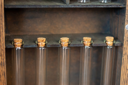 close-up view of a set of test tubes with cork stoppers hanging on a rustic wooden shelf in an apothecary box