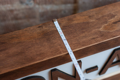 top view a wooden LED lightbox sign showing measurement of size