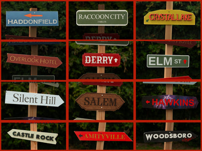 Custom and Personalized Horror Decor Directional Signs options for indoor and outdoor Halloween decoration - horror destinations - Movie Room Decor