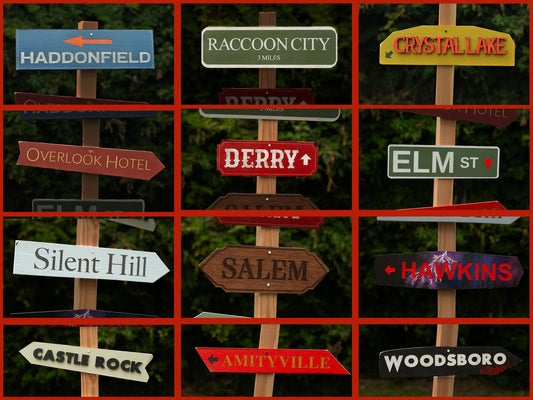 Custom and Personalized Horror Decor Directional Signs options for indoor and outdoor Halloween decoration - horror destinations - Movie Room Decor