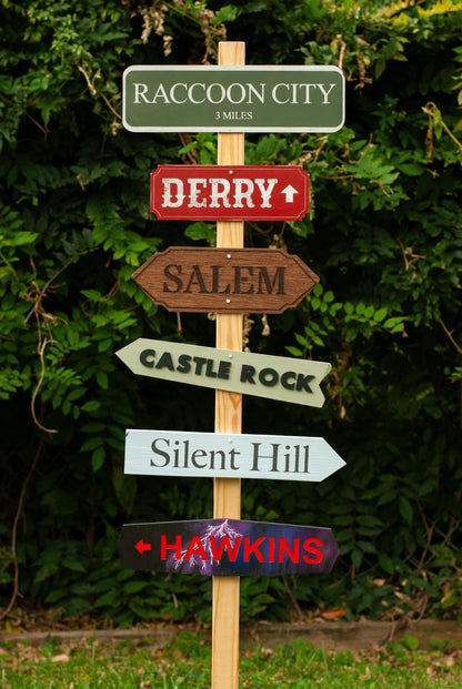 Customizable Horror Decor Directional Signs with Post and stand outdoor Halloween decoration with six horror destination signs - Movie Room Decor