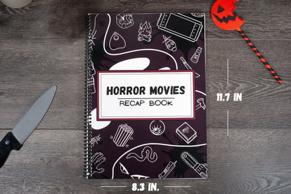 top down view of Horror Movies Recap book a spiral notebook movie review journal on wooden table displaying dimensions