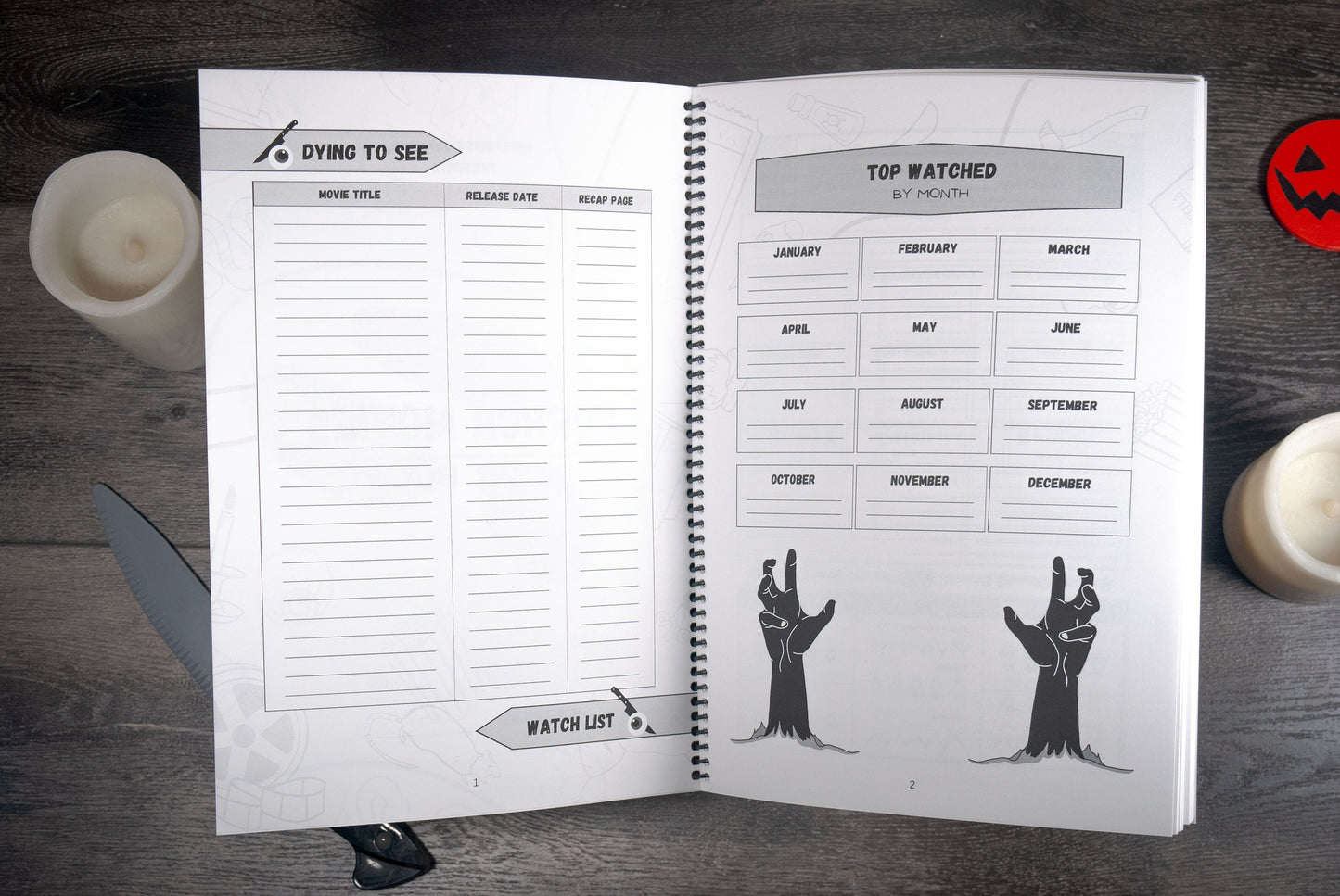 inside pages of the Horror Movies Recap book a page for saving upcoming movie releases and a page for highlighting favorite movies