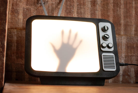 front view of hanging wall-mount Retro TV LED Lightbox Sign with creepy hand for Horror Movie Fans, Gamers, Bedroom or Home Decor - wood and acrylic - light up wall art shadow box with light switch