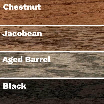 ReelFinds Workshop wood stain color options including chestnut, jacobean, aged barrel, and black