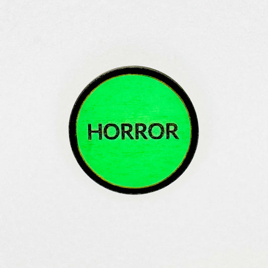 Retro vintage green VHS horror label with 'HORROR' text on a white background