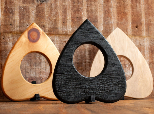 Side view of Wooden Planchettes | Ouija Planchette Wall Decor with Mirror, Glass Looking Lens, or DIY Planchette with Stand | Gothic Wall Art | Unique Horror Decor | Spooky Gifts